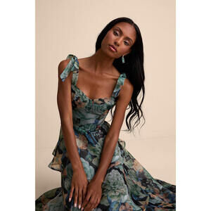 Lulus Playfully Posh Black Floral Organza Tie-strap Tiered Midi Dress - Size M